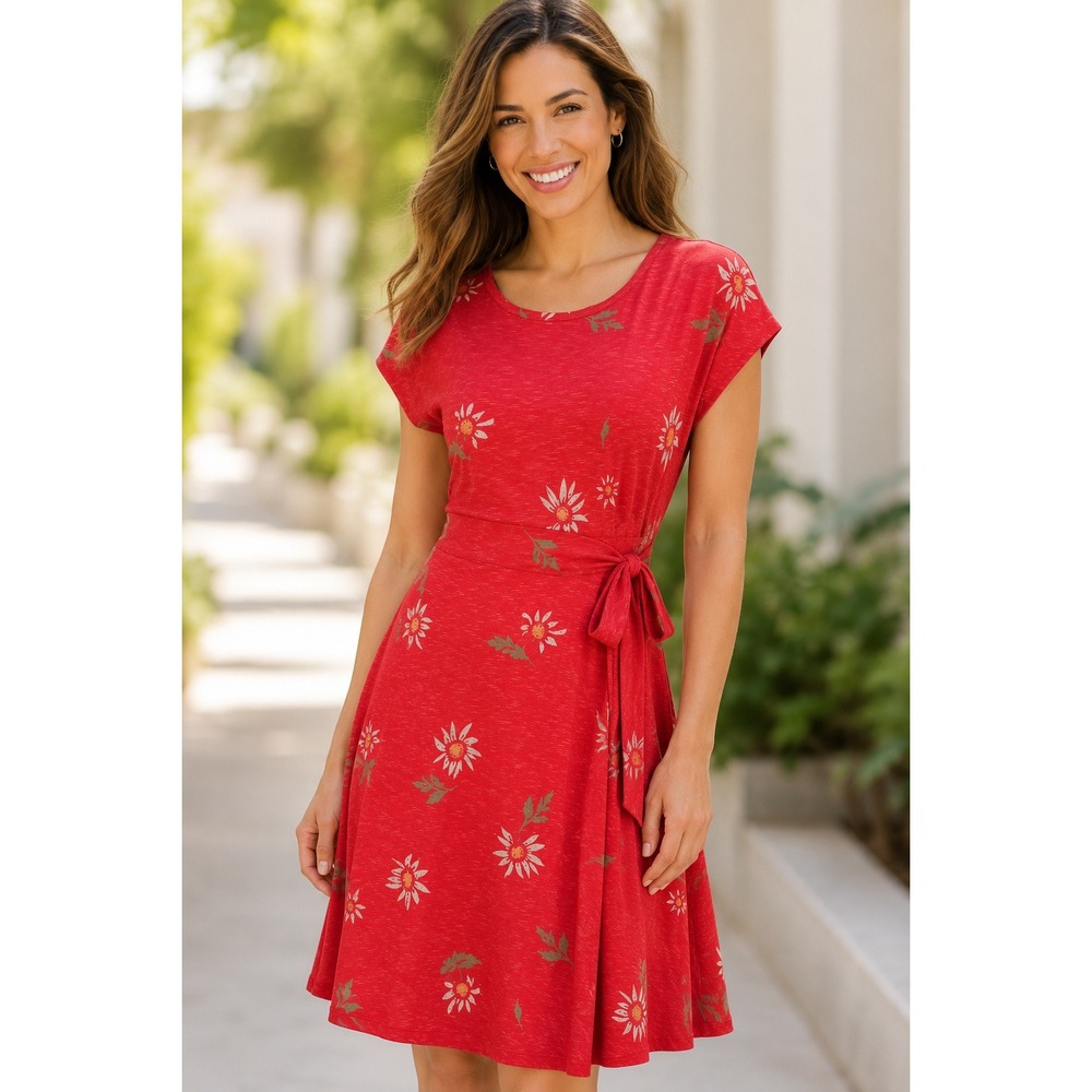 Toad&Co Women Cue Faux Wrap Floral Dress Size S Red Short Sleeve Outdoor Casual